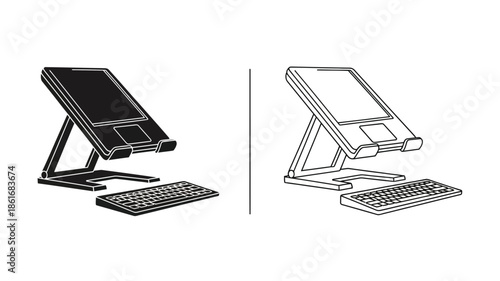 Two versions of a foldable laptop stand with a keyboard shown in black and white