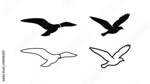 Black and white silhouettes of birds in flight and abstract shapes