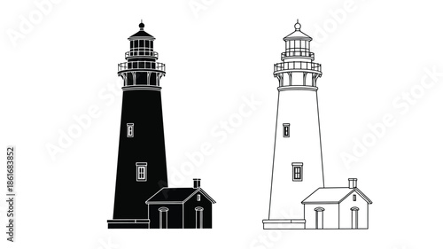 Two detailed lighthouse illustrations with keeper s houses contrasting black and white
