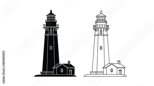 Two lighthouse illustrations one black and one white with accompanying keeper s houses