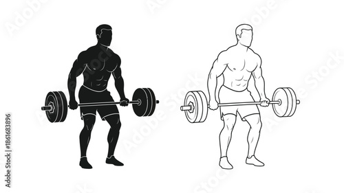 Weightlifting exercise illustration featuring a man performing a barbell deadlift pose