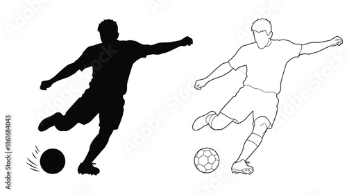 Soccer player silhouettes and line art demonstrating a kick in action