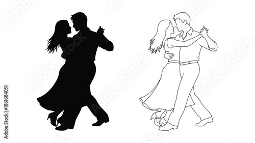 Silhouettes of couples dancing a contrasting black and white illustration