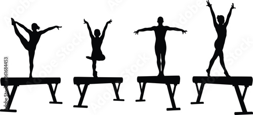 Black silhouette illustrations of gymnasts performing balance beam poses, highlighting flexibility, balance, strength, posture, and artistic gymnastics techniques