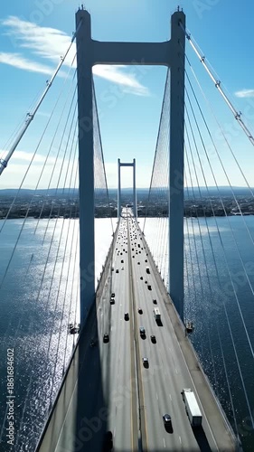 Arial Drone Footage Of Busy Suspension Bridge With Cars And Cityscape