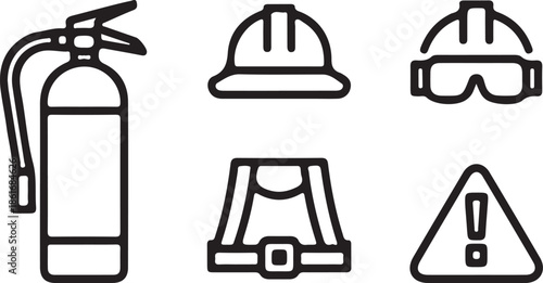 Safety Icons Set | PPE Construction Helmet Fire Extinguisher Warning Vector.
