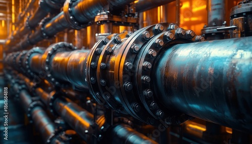 Close-up of heavy steel industrial pipes and bolted flanges with warm orange backlight and cool blue highlights, evoking rugged mechanical power