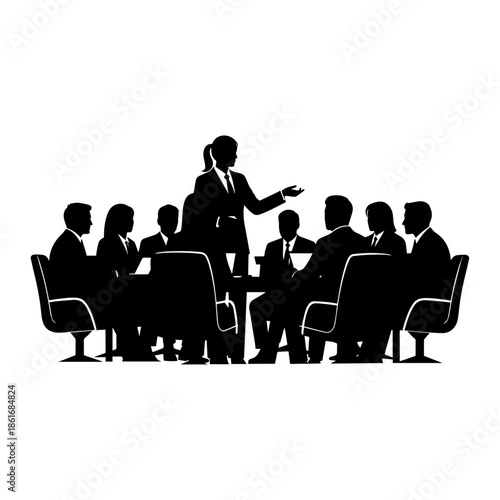A silhouette illustration of a business team of men and women sitting at a conference room table for an office meeting and presentation