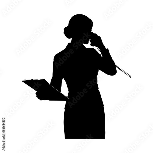 Silhouette of businesswoman talking on corded phone and holding clipboard.
