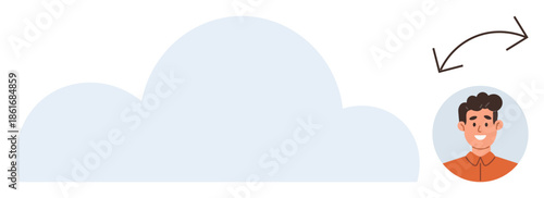 Blue cloud with arrows indicating data transfer near a user avatar. Ideal for cloud computing, data sharing, online storage, digital identity, file synchronization, secure access, simple flat