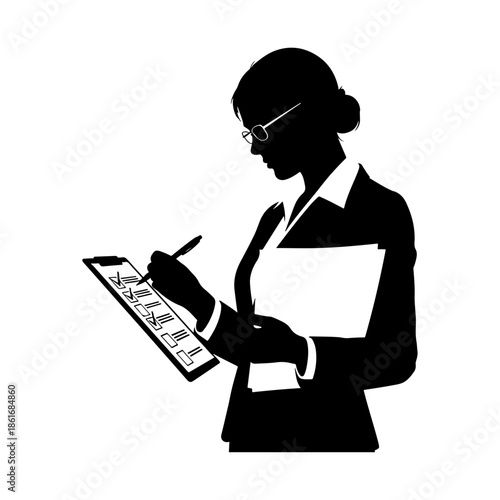 Silhouette of businesswoman writing on clipboard while holding documents.