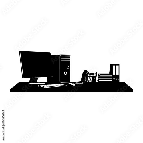 Illustration of a modern office desk setup with computer phone and stationery.