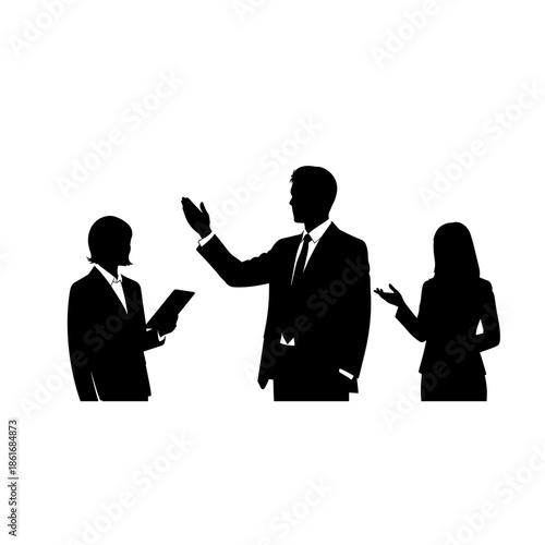 Silhouette illustration of three business people having a discussion in a professional setting.