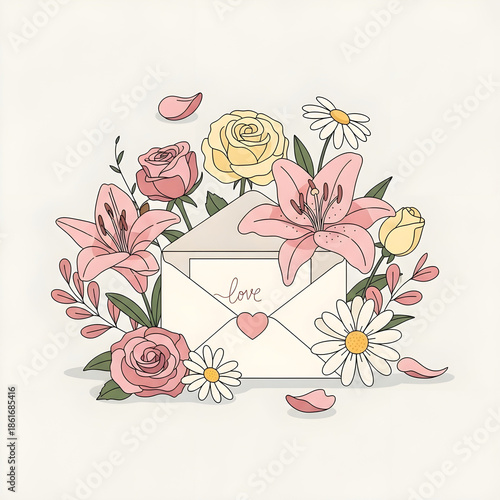 Flowers and Love Letter Still Life Valentine Illustration
