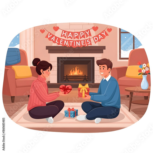 Valentine Gift Exchange at Home Romantic Illustration