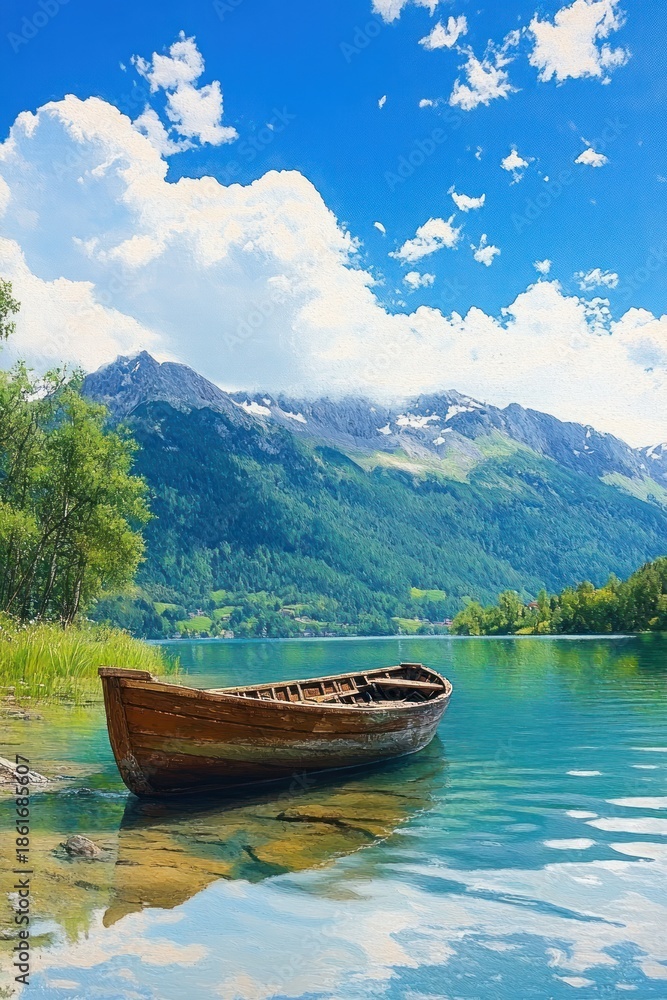 Obraz premium Weathered wooden rowboat resting at the grassy shore of a tranquil alpine lake with calm reflective water, green forest and rugged mountains beneath a bright blue sky with fluffy clouds, serene