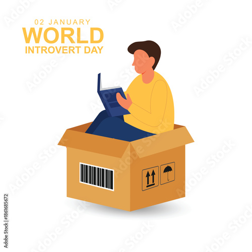 World Introvert Day background. Man is reading a book isolated in box