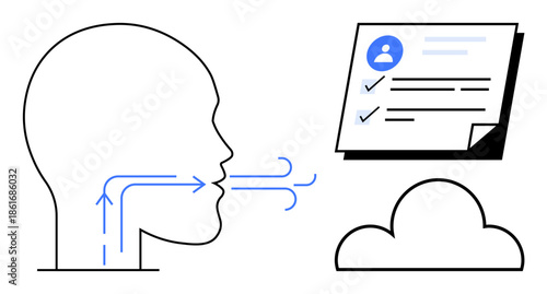 Profile of a person exhaling sound waves towards a document and cloud icon representing voice communication, digital data exchange, cloud-based systems. Ideal for AI, tech, voice recognition