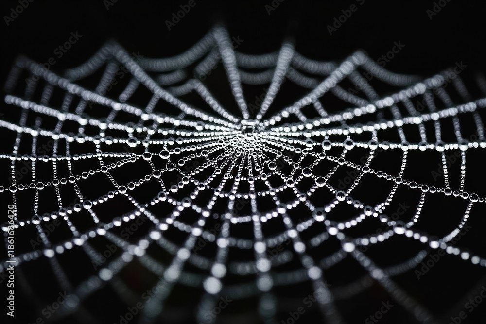 Fototapeta premium Delicate spider web studded with dewdrops against a black background, shimmering radial symmetry and a fragile, mesmerizing sparkle