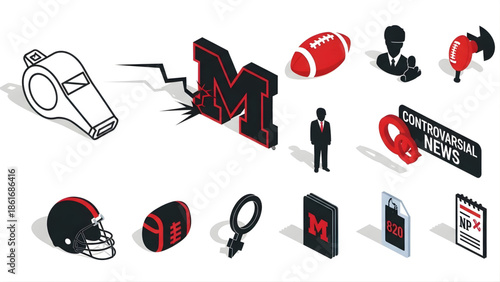 Isometric graphic collection symbolizing sports controversies, integrity issues, and investigative reporting with icons like whistles, football gear, official figures, and headline news