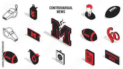 Isometric vector icons portraying controversial news, organizational scandals, and integrity issues in sports or public life, highlighting media scrutiny and reporting challenges