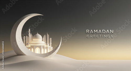 A serene 3D Ramadan greeting featuring a white mosque model nestled inside a large crescent moon on desert sand dunes under a soft gradient sky.