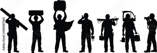 Black silhouette illustrations of diverse workers holding tools and equipment, representing skilled labor professions, teamwork, industry roles, and occupational activities