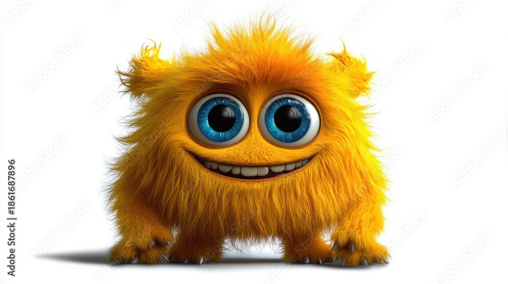 Fototapeta premium small fluffy golden-orange monster with oversized blue eyes, toothy grin, tufted ears and tiny claws standing on white background with a cheerful friendly expression