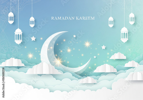 Ramadan Kareem greeting background with crescent moon, hanging lanterns, stars, and clouds in soft pastel colors, suitable for Islamic celebrations and festive designs.