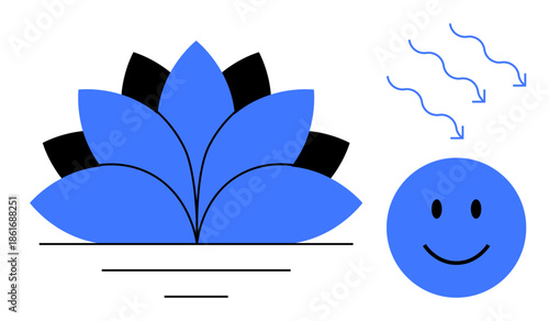 Wellness concept. Wellness ed by a blue lotus flower, airflow lines, and a smiling face. Wellness, balance, and relaxation for mindfulness, health, meditation and positivity
