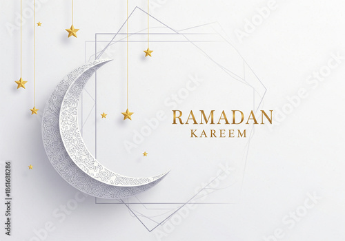 Elegant Ramadan Kareem greeting design featuring silver crescent moon, hanging golden stars, and clean white background, expressing spirituality, peace, and modern Islamic celebration.