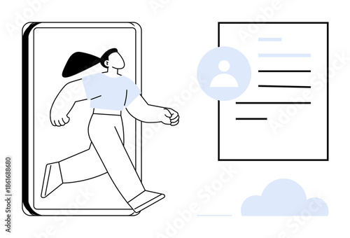 Online identity, cloud storage, document management, digital access, remote work, security. Person stepping out of smartphone, digital document profile icon. Online identity and cloud storage concept