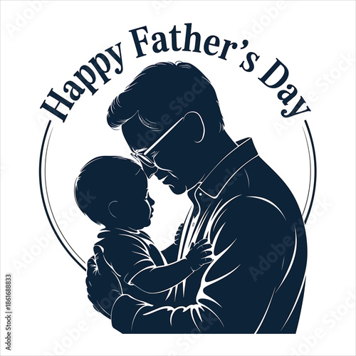 A loving father gently holds his newborn baby with Happy Fathers Day text around them