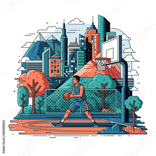 Cartoon illustration of an urban city street with buildings, houses, cars, and people