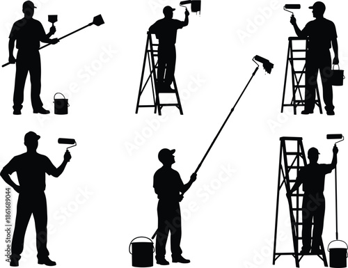 Black silhouette illustrations of workers painting with rollers, ladders, and buckets, showcasing home improvement, renovation, and construction activity techniques