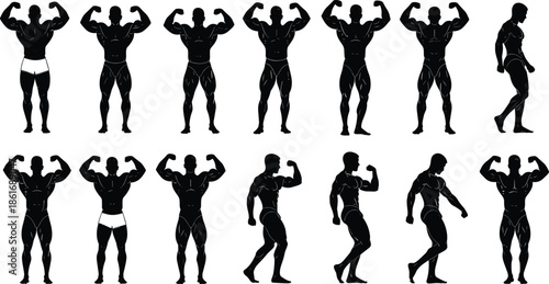 Black silhouette illustrations of muscular male figures in multiple poses, showcasing anatomy, bodybuilding, fitness posture, strength training, and athletic techniques