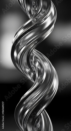 A shiny twisted chromelike abstract form with strong reflections against a dark blurred background
