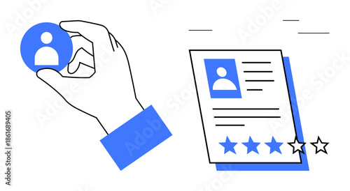 Hand holding a user profile icon, profile document with a star rating system. Ideal for recruitment, hiring, feedback, performance review, evaluation, user experience decision-making. Simple flat