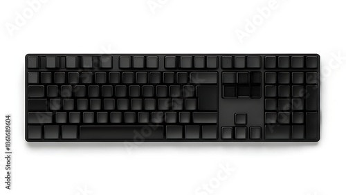A sleek, all-black keyboard, top-down view, positioned centrally against a bright white backdrop. Keys are uniformly spaced and labeled