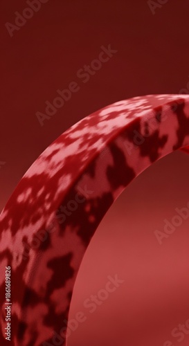 Dark red curved object with lighter blotchy patterns textured surface against a red gradient background