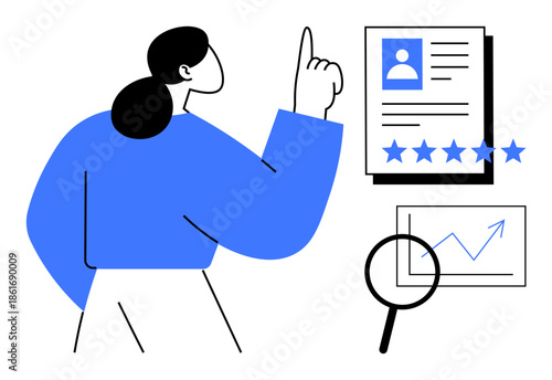 Woman analyzing a resume profile with star ratings and a performance chart using a magnifying glass. Ideal for recruitment, HR management, job selection, career planning, analytics, professional