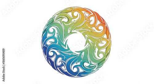 Colorful abstract circular pattern with intricate swirling designs on a white background