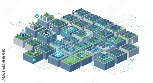 Futuristic smart city illustration showcasing interconnected technology infrastructure and digital
