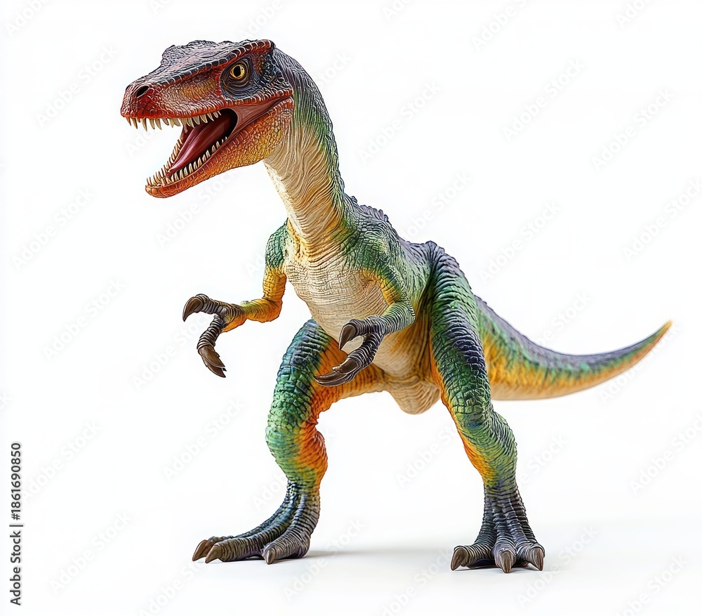 Obraz premium colorful theropod dinosaur model on white background with open jaws and raised claws in a fierce menacing pose