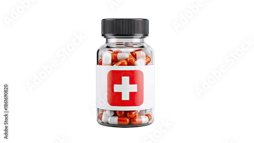 Bottle of Red and White Capsules with Red Cross Symbol