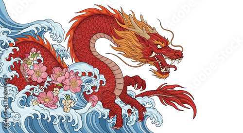 Majestic Chinese Dragon Surrounded by Water and Blossoming Flowers