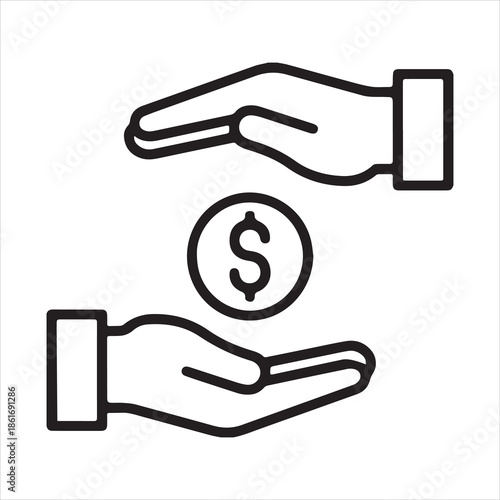 Two hands exchanging a dollar coin symbolizing financial transaction or donation