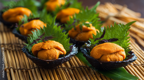 Fresh uni served on open sea urchin shells, vibrant orange roe with creamy texture, premium Japanese seafood delicacy ready for sushi or gourmet dining.