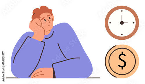 Contemplative person resting chin on hand, beside clock and dollar signs. Ideal for time management, value evaluation, planning, decision-making, productivity, financial goals, simple flat metaphor