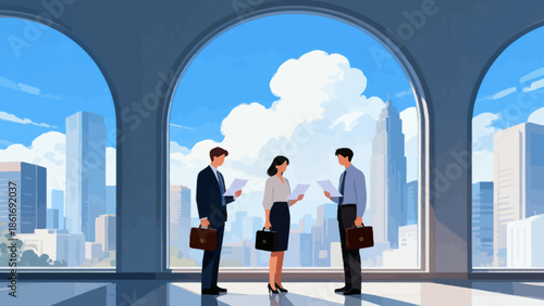 Business people in office with city view